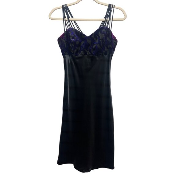 All That Jazz Vintage Y2K Whimsy Goth Black Satin & Velvet Burnout Slip Dress - Picture 2 of 6